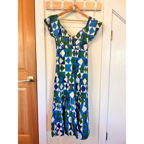 FARM RIO Medium Tiered Maxi Dress Carmelita Geometric Blue Green Ruffle - Picture 6 of 9